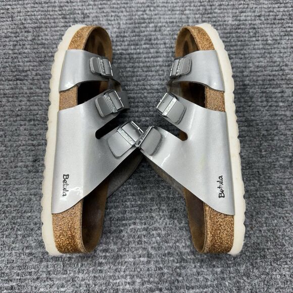 Betula Birkenstock Leo Sandals Womens 39/ 8-8.5 Silver Metal Buckle 3 Strap - Picture 5 of 10